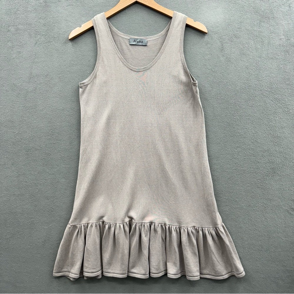 Anjara Women’s Small Tank Dress Taupe Brown Ruffle Hem Silk Cotton Blend